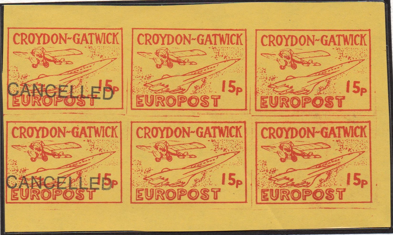 Croydon Gatwick Strike Post Stamps 1971 15p Concorde design, 41.5 mm wide Imperforate block/6, two stamps handstamped CANCELLED next to four stamps without handstamp